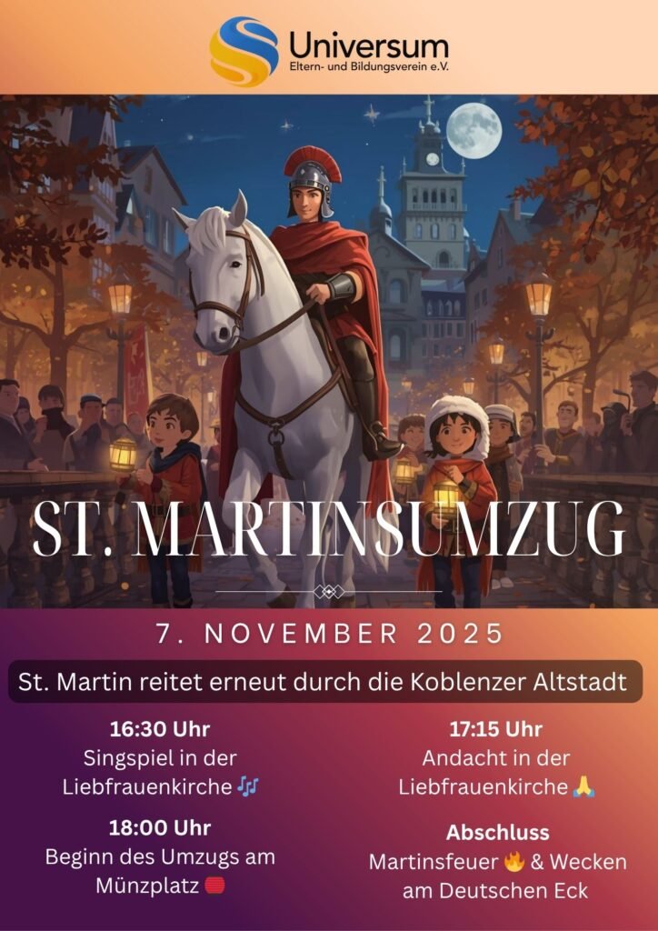 St. Martin in rotem Mantel reitet auf einem weißen Pferd durch die beleuchteten Gassen der Koblenzer Altstadt, begleitet von Kindern mit bunten Laternen.